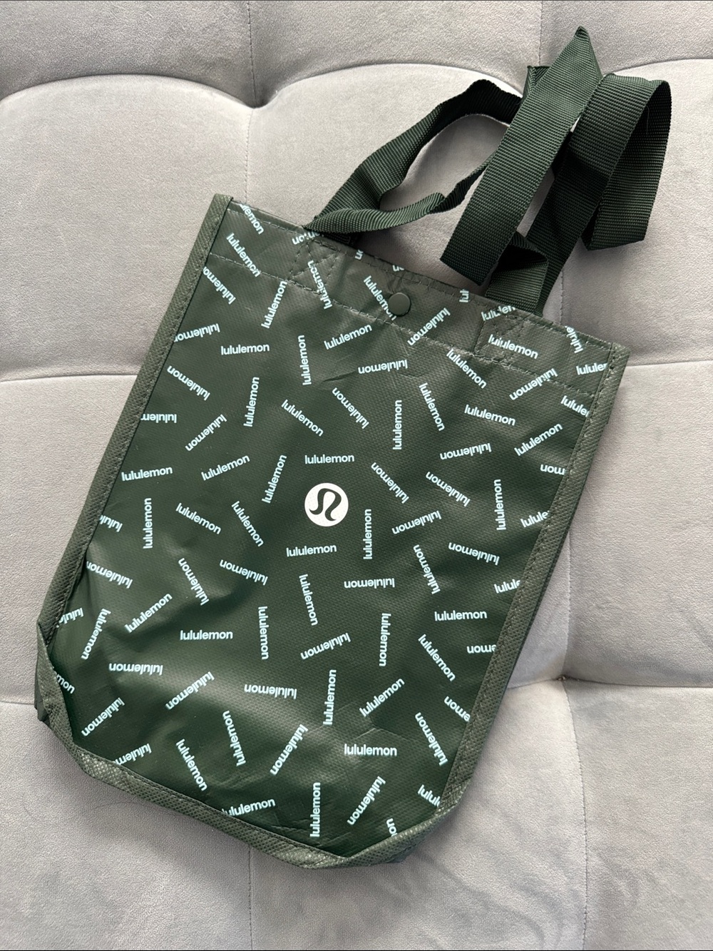 NEW Lululemon Small Reusable Shopping Tote Dark Algae Green with Baby Blue Font